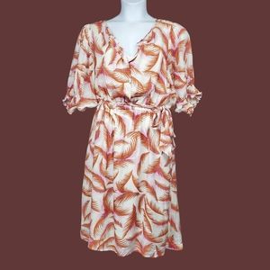 Anthropologie Womens Nicole Ivory Tan Puff Sleeve Tropical Shirt Dress Size L